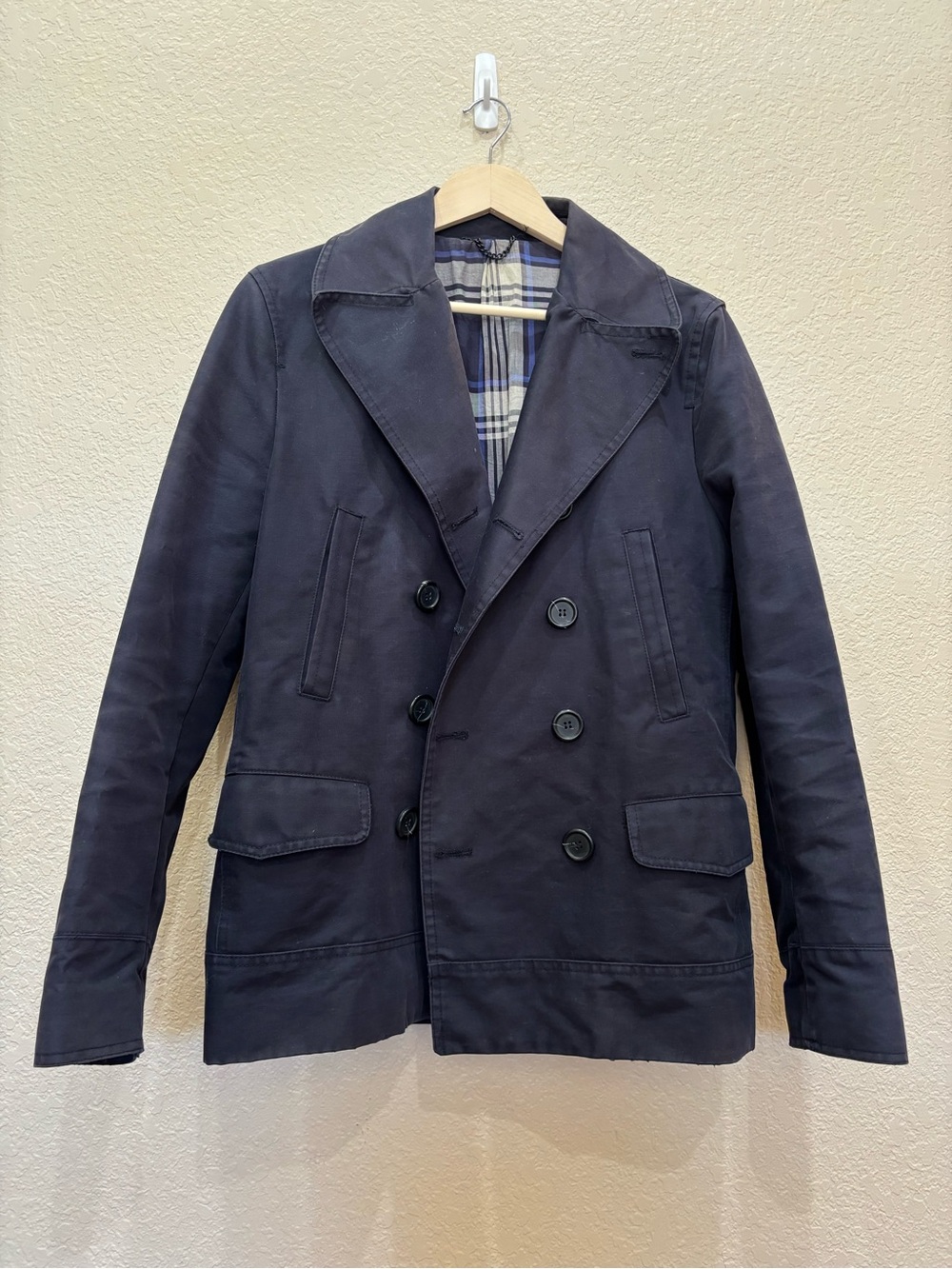 Sandro Paris Men's Double-Breasted Peacoat Jacket Navy Blue 100% Cotton Large